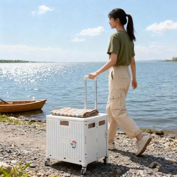 FZDONGHE 多機能折りたたみキャンプ用トロリー、伸縮式ハンドルとホイール付き、ポータブル屋外収納ボックス、PP素材、荷物マウント、充電不要、バッテリー不要 - キャンプ、引っ越し、買い物に最適、多機能旅行カート | リブ付きテクスチャカート | 耐久性のあるポリプロピレン、車キャンプ用アクセサリー