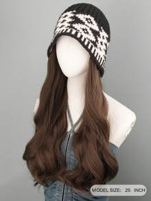 二合一针织帽配长卷发假发，女士假发帽，带假发的帽子，冬季保暖无缝发饰 - 彩色 - 查看 5