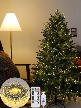 1个LED鞭炮灯，绿色铜线仙女灯串，遥控USB装饰灯，经典8种模式LED装饰照明，USB供电（即插即用），适用于圣诞节、万圣节、感恩节氛围装饰