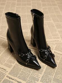 2025秋冬新款女士优雅欧美朋克街头风黑色靴子，秋季粗跟高跟尖头女士踝靴，时尚 - 黑色 - 查看 3