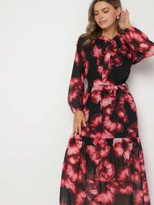 Casual Long Sleeve Floral Boxy Dress With Belt For Women