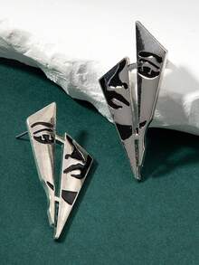 1 Pair Fashionable Punk Style Geometric Triangle Enamel Abstract Face Stud Earrings, Suitable For Women's Daily Wear, Beach, Travel, Social Occasions, Jewelry - Silver - View 2