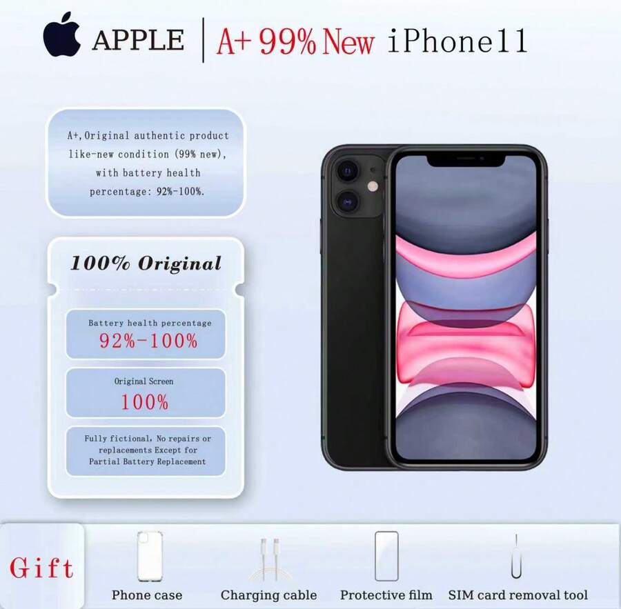 Apple A+، هاتف iPhone 11 مستعمل سعة 256 جيجابايت، منتج أصلي أصلي بحالة جديدة تمامًا (99% جديد) مع نسبة صحة البطارية: 90%-100%؛ شاشة أصلية - الأسود - مشاهدة 1