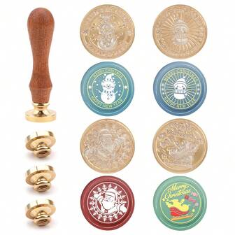 Wax Seal Set With Rosewood Handle, Featuring Brass Stamp Heads Inscribed With "MERRY CHRISTMAS" And "HAPPY NEW YEAR." Includes Designs Of Snowmen, Santa Claus, And Christmas Sleighs. Vintage-Style Removable Wooden Handle. Ideal For Sealing Christmas And New Year Invitations And Gift Packaging.