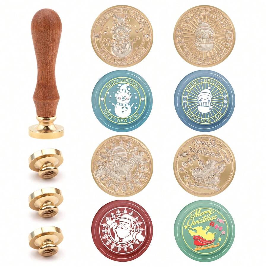 Wax Seal Set With Rosewood Handle, Featuring Brass Stamp Heads Inscribed With "MERRY CHRISTMAS" And "HAPPY NEW YEAR." Includes Designs Of Snowmen, Santa Claus, And Christmas Sleighs. Vintage-Style Removable Wooden Handle. Ideal For Sealing Christmas And New Year Invitations And Gift Packaging.