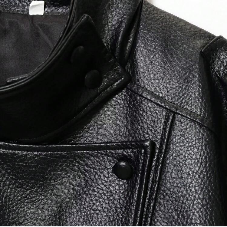 Jaqueta de Couro Solta Feminina para Outono e Inverno, Jaqueta de Motocicleta de Moda de Rua, Cor Sólida com Bolsos com Zíper Preto - Preto - Visão 8