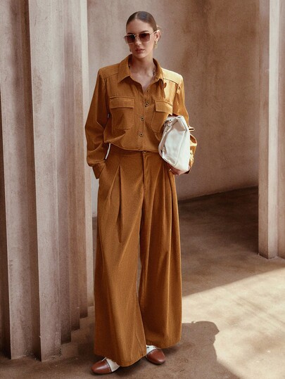 Sollinarry Completo da donna invernale, composto da camicia in velluto a coste con tasche e pantaloni plissettati morbidi, set di due pezzi alla moda per l'ufficio