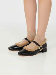 2025 New Autumn/Winter French Retro High Heel Furry Mary Jane Shoes, Soft Leather Thick Heel Pumps - Black - View 2