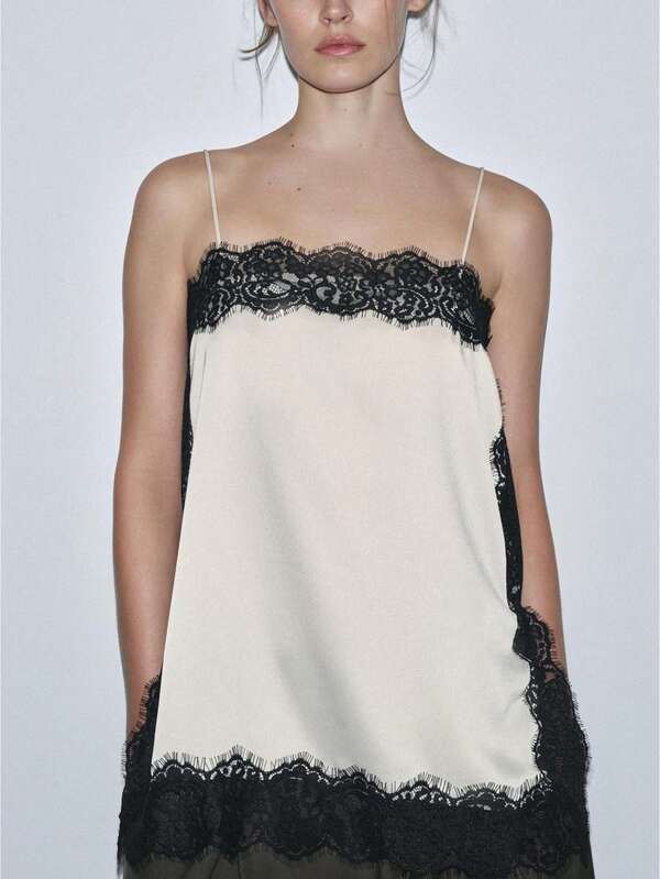 Top de encaje para mujer: Top corto con tirantes finos y escote en V, elegante top de encaje transparente para salir de fiesta.