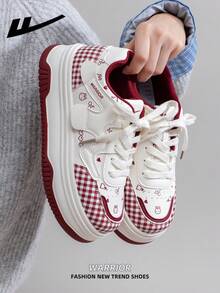 1 Pair WARRIOR Women's Thick Sole Lace-Up Soft Bottom Casual Shoes, Low-Top Outdoor Flat Shoes, Round Toe Low Heel Non-Slip Solid Color Elegant Soft Bottom Hiking Shoes, Suitable For Students, Graduation Photos, Flat Shoes, Women Leather Skate Sneakers - Rice/Wine Red - View 6