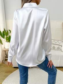 Elegant Satin Shirt For Women, Classic Soft Comfortable Single-Breasted Long Sleeve Blouse, Solid Color, Suitable For Daily Commute, 2025 New Arrival White Spring - White - View 2
