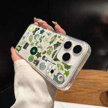 Funda de Teléfono Moderna y Elegante, Funda Transparente con Collage de Pegatinas Estéticas Verdes, Compatible con los Modelos de  17, 16, 11, 15, 14, 13 y 12 Pro Max Air Plus. Una opción de regalo encantadora para mujeres y niñas, funda para teléfono, cubierta para teléfono, fundas de teléfono lindas y protectoras de diseñador para mujeres - 1 pieza - Ver 7