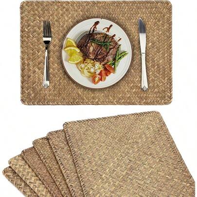 Pack Of 6 Natural Seagrass Rattan Placemats, Woven Table Place Coffee Pad Dining Table And Kitchen, Rectangular 17x 11.8 Coffee