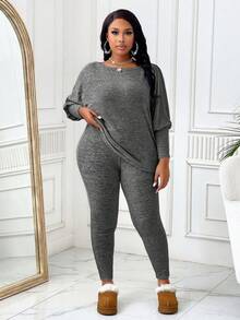 BIUBIU 大码女式纯色圆领蝙蝠袖上衣和裤子休闲套装，春秋季优雅款 - 花灰色 - 查看 4