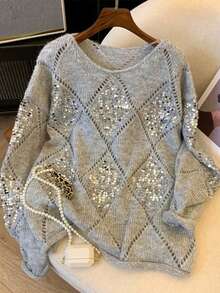 EAVA 女士复古高端慵懒风亮片镂空针织套头毛衣，老钱风格，休闲宽松版型，亮片