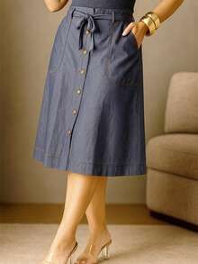 Saia Feminina Midi Botões Cinto Casual Elegante Godê Jeans Molinho Fresca - Azul - Visão 6