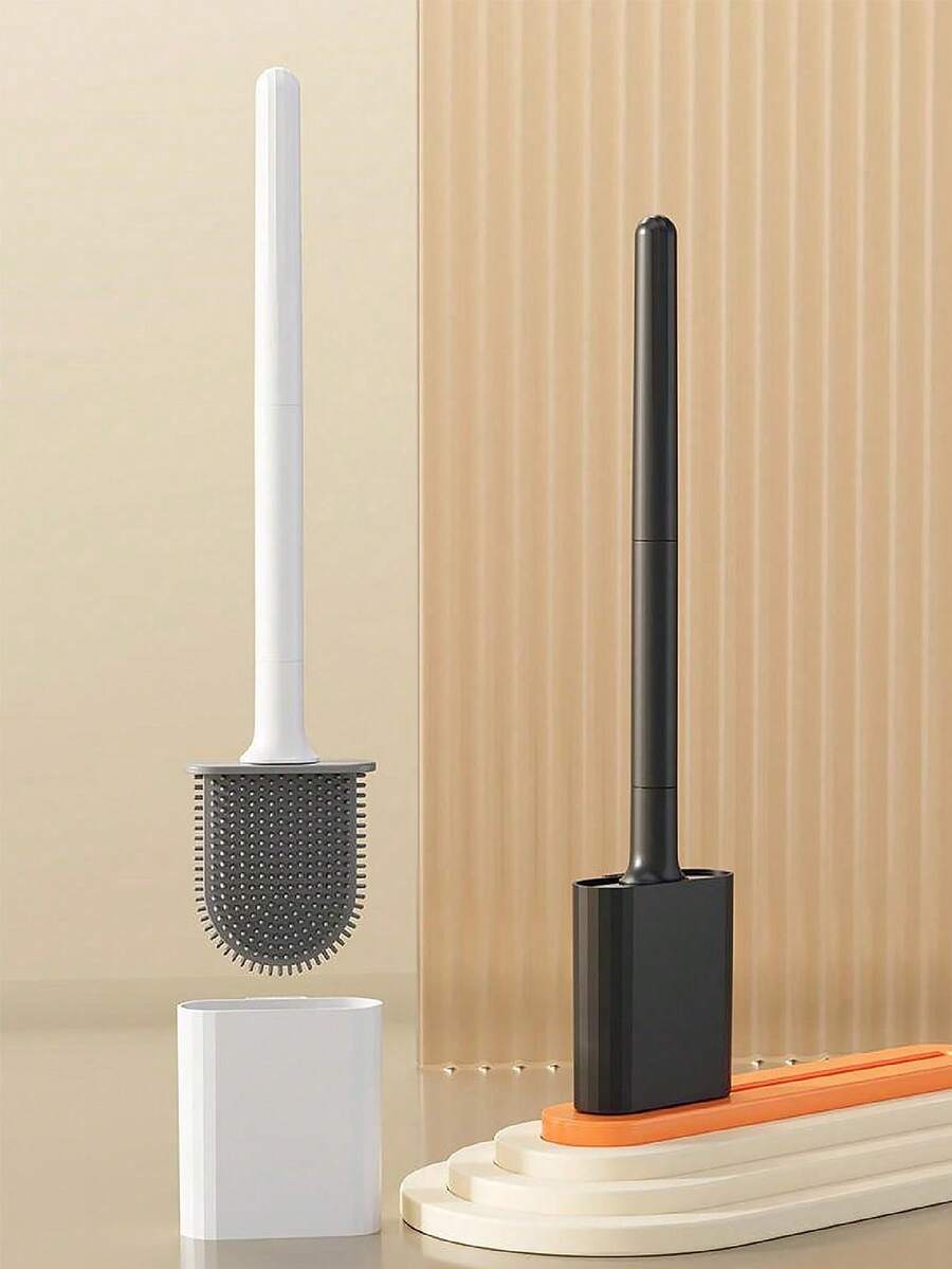 Modern Minimalist Silicone Black Toilet Brush With Holder - Pack Of 2 Toilet Bowl Brush Set - Self-Cleaning & Splash-Free, Easy-Rinse Design With Wall Mounted Holder Bathroom Accessory.