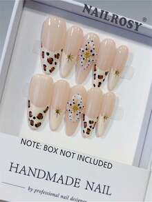 nailrosy 10 pezzi di unghie finte acriliche realizzate a mano, con stampa leopardata color albicocca, forma mandorla lunga e chiara, decorazioni floreali 3D, accessori per unghie per matrimoni, feste di compleanno, stile Y2K, unghie francesi carine, gel per intaglio 3D e fiori