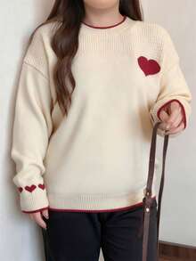 Crew Neck Plus Size Heart Jacquard Knit Sweater For Women, Loose Fit Cozy Style, Suitable For Plus Size, Autumn/Winter - Apricot - View 4