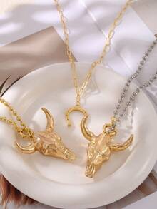 1pc Unique Western Cowboy Style Gold-Tone Beaded Horseshoe & Bull Head Alloy Pendant Necklace, Suitable For Women's Outings, Daily Wear, Parties, Western-Themed Travels And Music Festivals. 18K Gold Plated Hip-Hop Punk Versatile Jewelry, Gold Accessories, Gift For Friends And Loved Ones - Gold - View 6