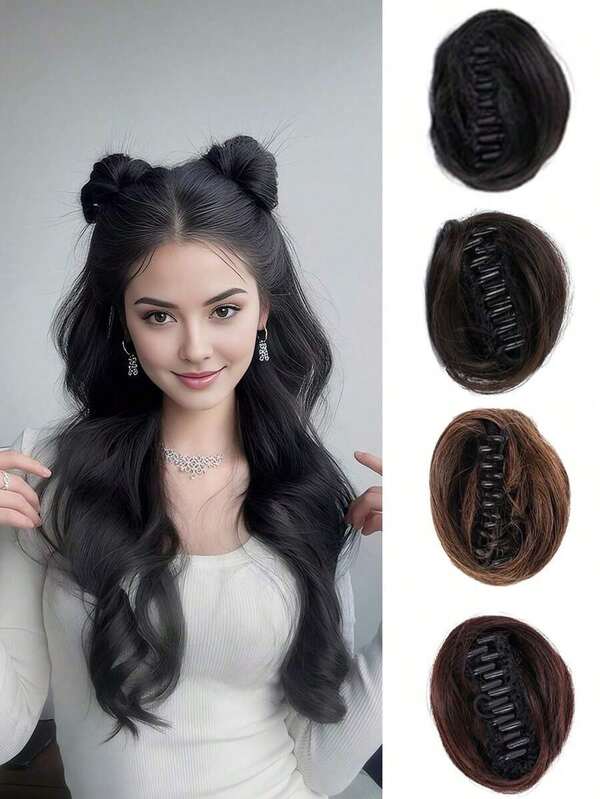 Synthetic Hair Bun Maker With High-Temperature Fiber Claw Clips, Fluffy & Natural Casual Hair Bun Maker, Straight Hair Scrunchies, Elegant Hair Clips Suitable For Women In Autumn/Winter, Holiday Outfits Hair Claws Winter Hair Accessories Causal Hair Clutch