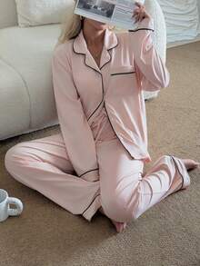Nina Bonheur 2pcs Women Notched Collar Long Sleeve Pajama Set - Comfortable Casual Sleepwear & Loungewear - Pink - View 2