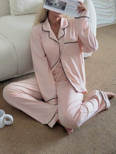 Nina Bonheur 2pcs Women Notched Collar Long Sleeve Pajama Set - Comfortable Casual Sleepwear & Loungewear