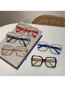 1 Pair Women's Color Block Square Frame Non-Prescription Glasses New Fashion Solid Color Decorative Frame Glasses - Màu xanh trong suốt - Xem 5