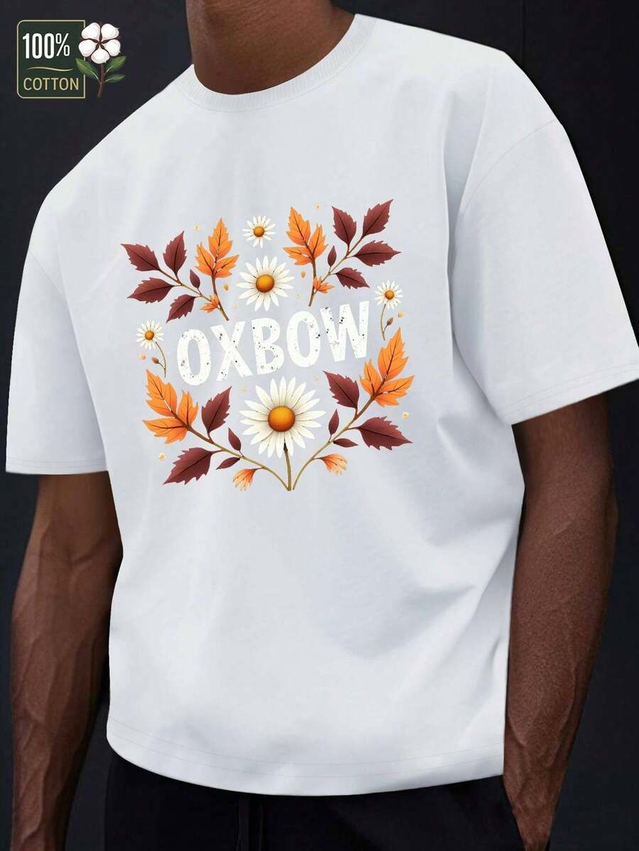 Camiseta floral azul marino para hombre GILDAN - Camiseta gráfica con arreglo botánico rústico de anillo de arco, camisa suave y transpirable para uso diario y formal, top casual de verano con diseño floral, ropa de corte relajado, camiseta con cuello redondo, tejido cómodo
