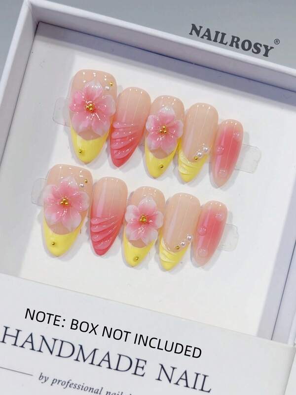 nailrosy 10 Unhas Postiças Acrílicas Artesanais Rosa, Amarelo, Branco e Transparente, Formato Amêndoa, Curtas, com Flores 3D, Suprimentos para Unhas Postiças, Ferramentas para Unhas, Unhas para Casamento, Aniversário, Festa Y2K, Unhas Francesas Fofas, Arte em Gel 3D, Escultura em Gel com Flores, Luxo e Elegante
