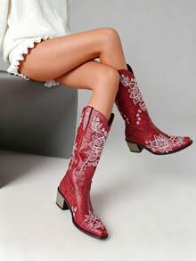Women's Western Cowgirl Boots Red Faux Leather Pointed Toe Knee High Floral Embroidery Low Heel Rodeo Style For Concerts Festival Outfits 2025 - Đỏ - Xem 5