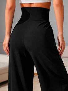 Pantalones deportivos de cintura alta, unicolor, con pliegues y bolsillos, pernera ancha para mujer con diseño cruzado para actividades, aptos para pádel, tenis, pickleball, gimnasio y fitness en otoño e invierno - Negro - Ver 6