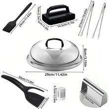 1-8pcs BBQ Tool Set, Flat Top Grill Accessories Kit With Stainless Steel Cheese Melting Dome, Meat Press, Basting Brush, Seasoning Bottle, Steak Spatula, Food Tongs, Multi-Function Cleaning Brush, Baking Cover, Outdoor Barbecue Tool Set, Perfect For Steaming, Grilling And Cooking - Round, Durable, Easy To Clean, Ideal For Barbecue, Grilling, Baking, Indoor And Outdoor Use - Essential Kitchen Accessories - Multicolor - View 12