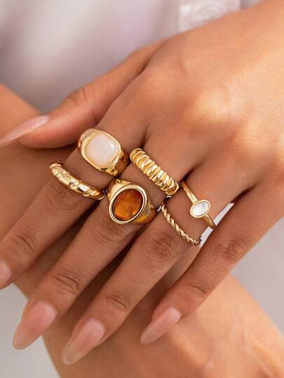6pcs/Set Boho Retro Multilayer Glass Rhinestone Embellished Rings, Chunky Jewelry Set For Women, Daily Wear And Vacation Decoration, Ideal Gift For Friends