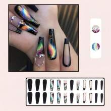 Xl Black Press On Nails Long Coffin Nails Press Ons Colorful Feathers Diamond Design Fake Nails Full Cover Acrylic Arificial False Nails Gift For Womens 24pcs{Inchcolor_nameinch:InchColorfulFeathersinch} - 多彩羽毛 - 查看 4