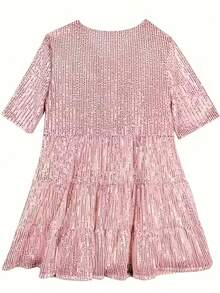 女士亮片装饰圆领七分袖宽松娃娃裙粉色夏季优雅 - 粉色 - 查看 5