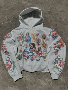 Jesus Printed Hoodie For Men Y2k Zipper Hoodie Harajuku Thin Kawaii Retro Streetwear - 灰色 - 查看 1