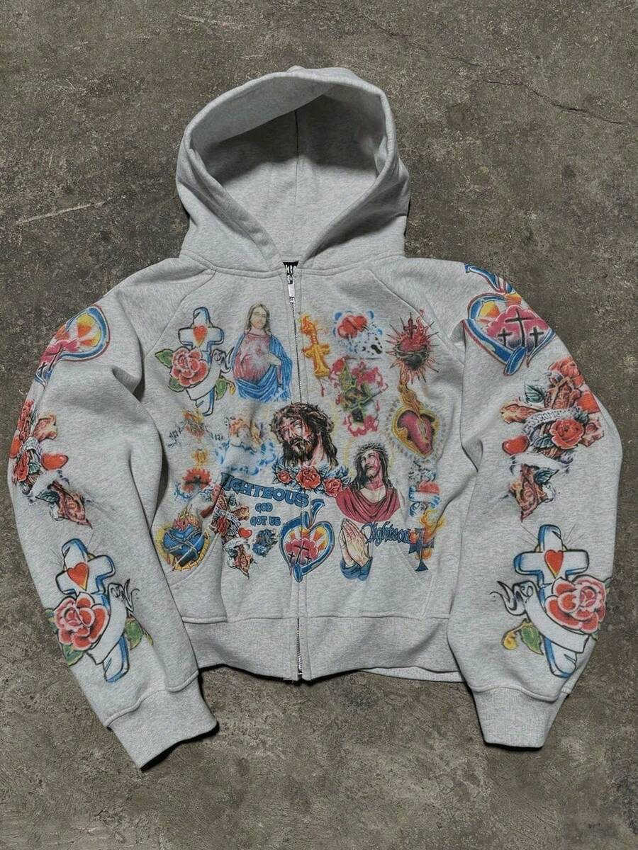 Jesus Printed Hoodie For Men Y2k Zipper Hoodie Harajuku Thin Kawaii Retro Streetwear - 灰色 - 查看 1