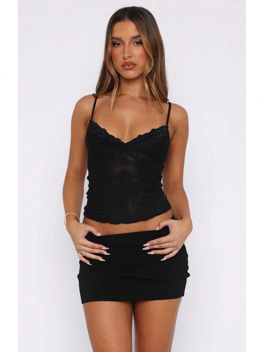 European And American Style Sexy V-Neck Lace Patchwork Solid Color Camisole New Slim Fit Versatile Top - Black - View 1