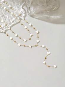 2pcs Stainless Steel Heart Shaped Beaded Necklace, Gold Plating Y-Shaped Chain Necklace, Cute Style Suitable For Dating Or Valentine's Day Gift For Your Loved One, Sexy Collarbone Chain Accessory - Gold - View 2