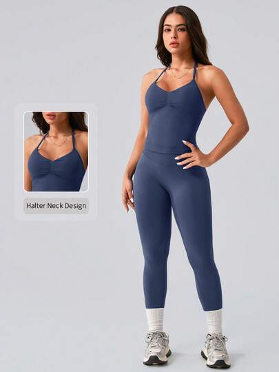 NcmRyu 1 Conjunto de Top de Tirantes y Mallas Deportivas Elásticas Acanaladas de Moda para Mujer, Apto para Correr, Yoga, Fitness y Ejercicio