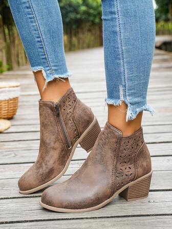 Western Hollow Lace-Up Chunky Heel Ankle Boots, Outdoor Wear For Autumn/Winter,Cowboy Boots