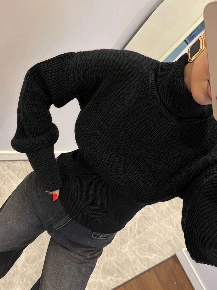 Women's Turtleneck Sweater, Elegant Luxurious Textured Long Sleeve Fitted Pullover Ribbed Knit Top, Vintage Style