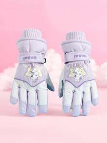1 Pair Kids Cartoon Pattern Winter Warm Outdoor Sports Snow Ski Gloves, Waterproof And Windproof