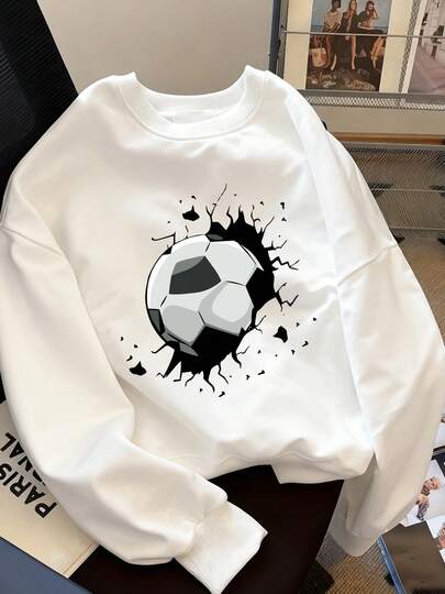 Hanorac cu guler rotund, călduros și confortabil, cu imprimeu de fotbal, pentru pre-adolescenți, toamnă/iarnă, dintr-o bucată, pentru studenți