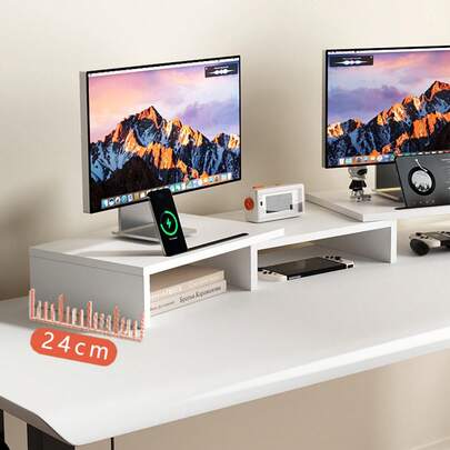 Computer Monitor Raiser Stand With Office Desktop Storage Box And Desktop Screen Elevation Pad, White
