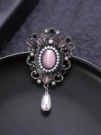 1pc Antique Baroque Brooch With Imitation Pearls & Pink Gemstones - Elegant Retro Jewelry For Formal & Casual Wear, Dark Golden-Tone Floral Design, Rhinestone Accents, Vintage Jewelry, Formal Accessory, Ornate Craftsmanship