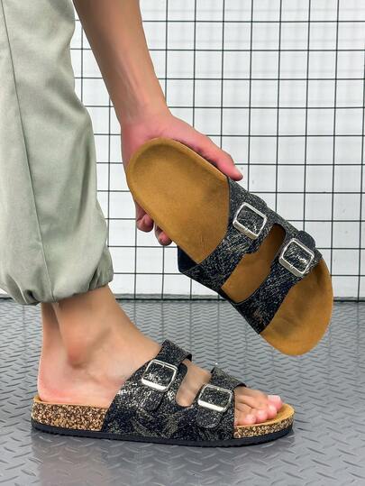 New Fashionable Casual Soft Cork Sole Men's Slip-On Slippers, PU Upper Adjustable Size, Non-Slip Soft Comfortable Indoor Lightweight Sandals