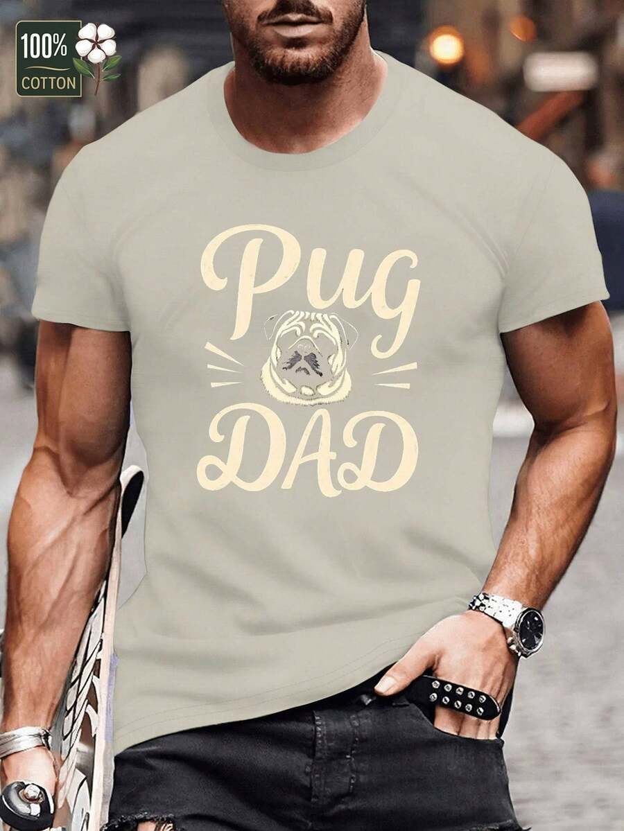 Camiseta GILDAN para Hombre "PUG DAD" - Manga Corta con Diseño de Perro Pug, 100% Algodón, Cuello Redondo Regular, Lavable a Máquina, Tejido Transpirable, Camiseta Casual de Verano