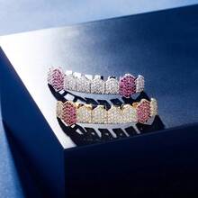 Grillz Gold Grills For Your Teeth Fake Teeth 18K Gold Plated Iced Out 8 Top Teeth 8 Bottom Tooth Grillz For Men Women Hip Hop Rapper Costume - Vàng trắng Hồng - Xem 3